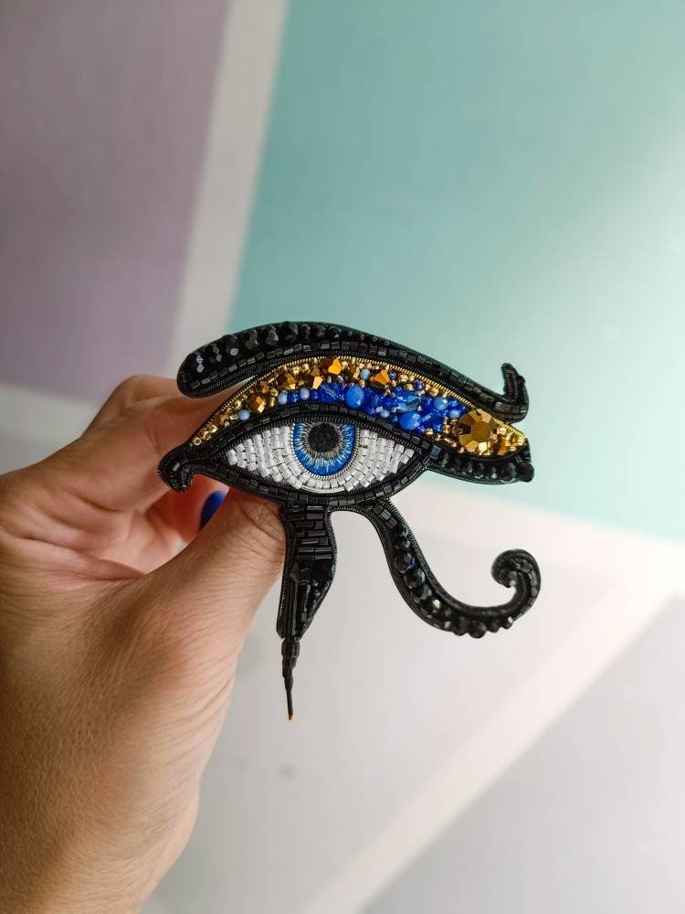 Embroidered Egyptian eye brooch evel eye pin handmade jewelry beaded brooch unique gift for her Ukrainian shop made in Ukraine - Thumbnail 4