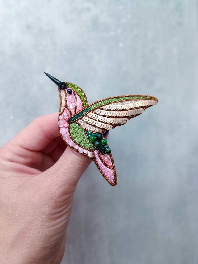 Embroidered bird brooch seed beaded hummingbird pin cotton brooch bird lover gift bird jewelry green bird pin sequins bird gift for her - Thumbnail 4