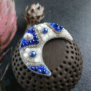 Beaded moon brooch crescent jewelry embroidered pin handmade wearable art celestial jewelry Christmas gift for her