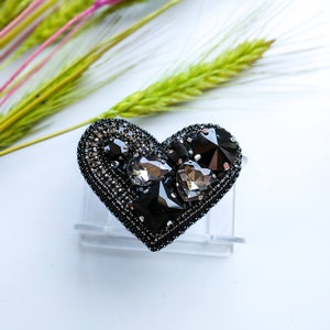 Beaded black heart brooch beloved gift pin heart jewelry gift for her lover gift mom gift unique jewelry brooch with crystals rhinestones