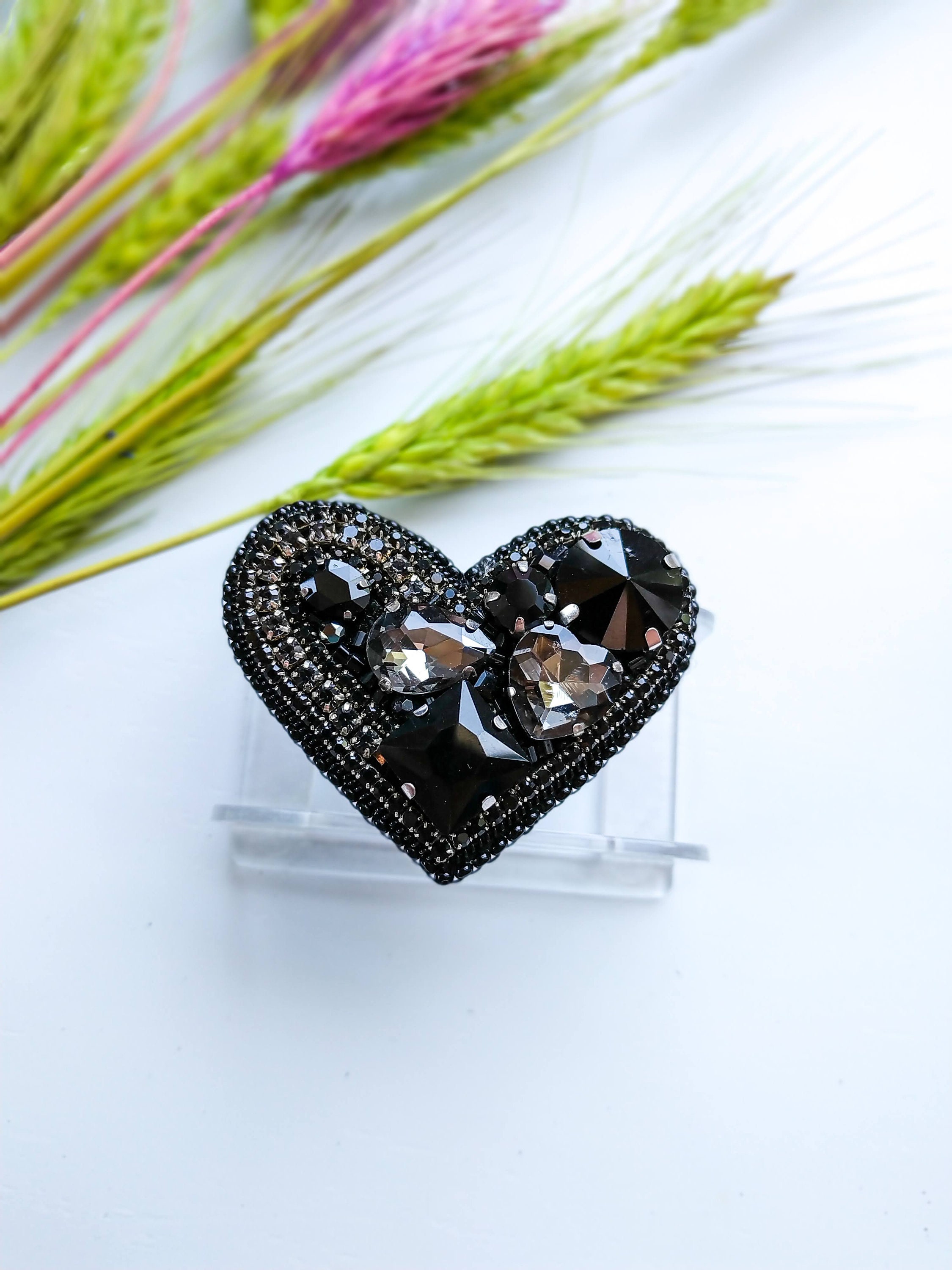 Beaded black heart brooch beloved gift pin heart jewelry gift for her lover gift mom gift unique jewelry brooch with crystals rhinestones