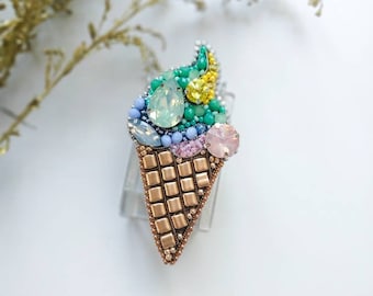 Beaded ice cream brooch pin embroidered jewelry gift for her summer theme handmade accessories seed beads rhinestone brooch