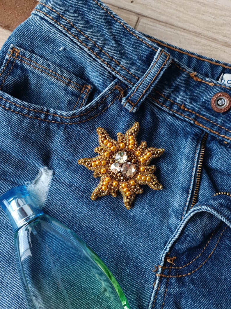 Beaded sun brooch cosmos jewelry cosmic planet pin handmade pin gift for her golden sun image 6