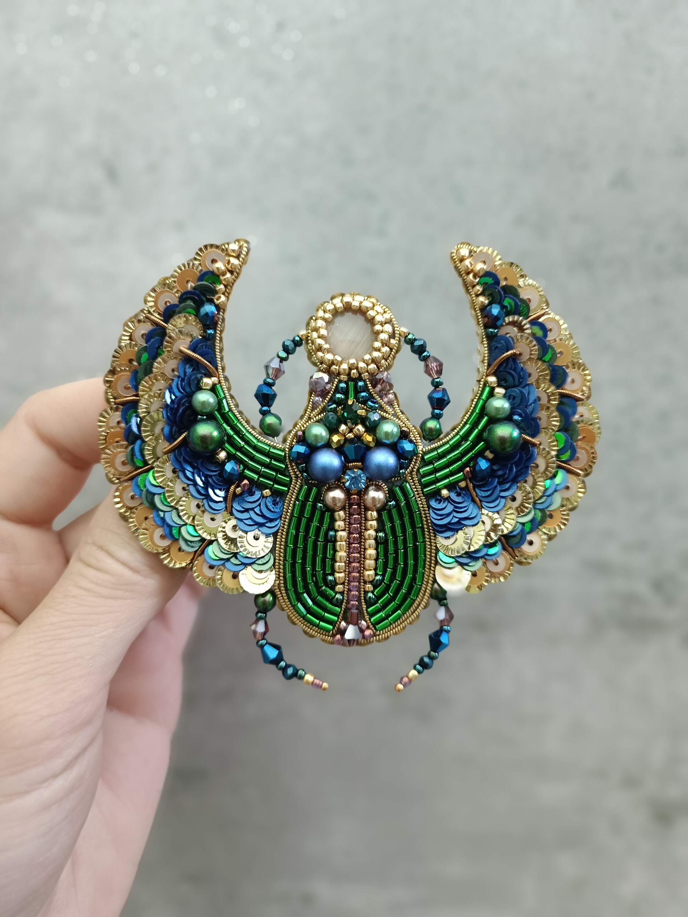Beaded scarabeus brooch embroidered insect pin Egyptian beetle jewelry made in Ukraine unique gift for her - Thumbnail 3