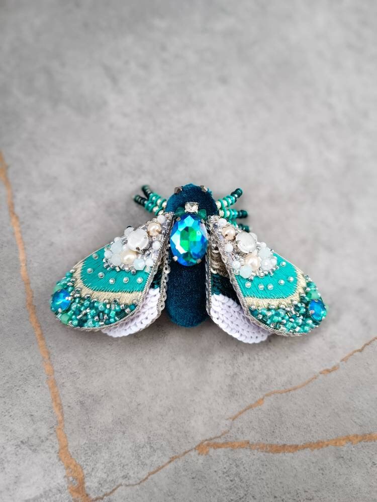 Embroidered moth brooch handmade beaded insect pin bug jewelry unique gift for her - Thumbnail 3