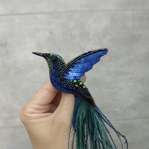 Colibri handmade brooch embroidered hummingbird jewelry with ostrich feather dark blue and green beaded jewelry