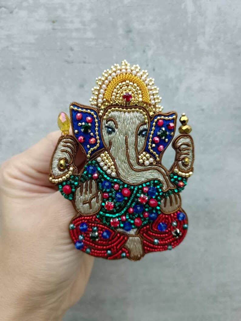 Embroidered Ganesh brooch handmade beaded pin Elephant God jewelry Ganesha God brooch image 5