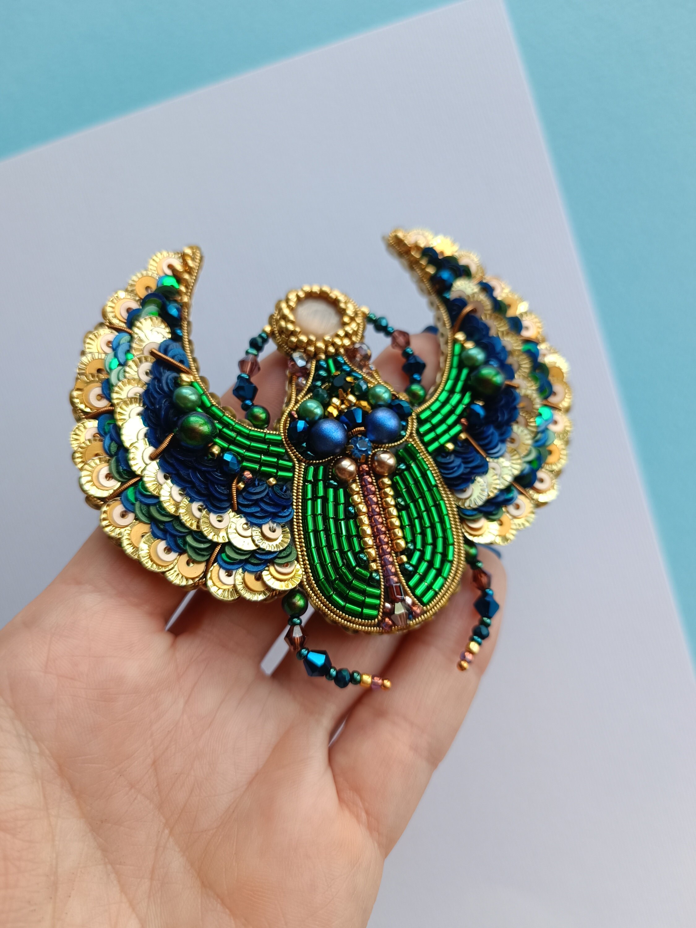 Beaded scarabeus brooch embroidered insect pin Egyptian beetle jewelry made in Ukraine unique gift for her - Thumbnail 5