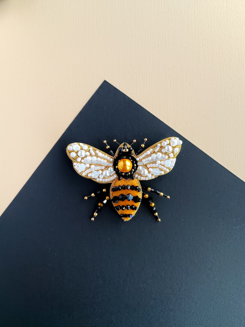 Beaded bee brooch embroidered insect pin handmade jewelry made in Ukraine best Christmas gift for her image 6