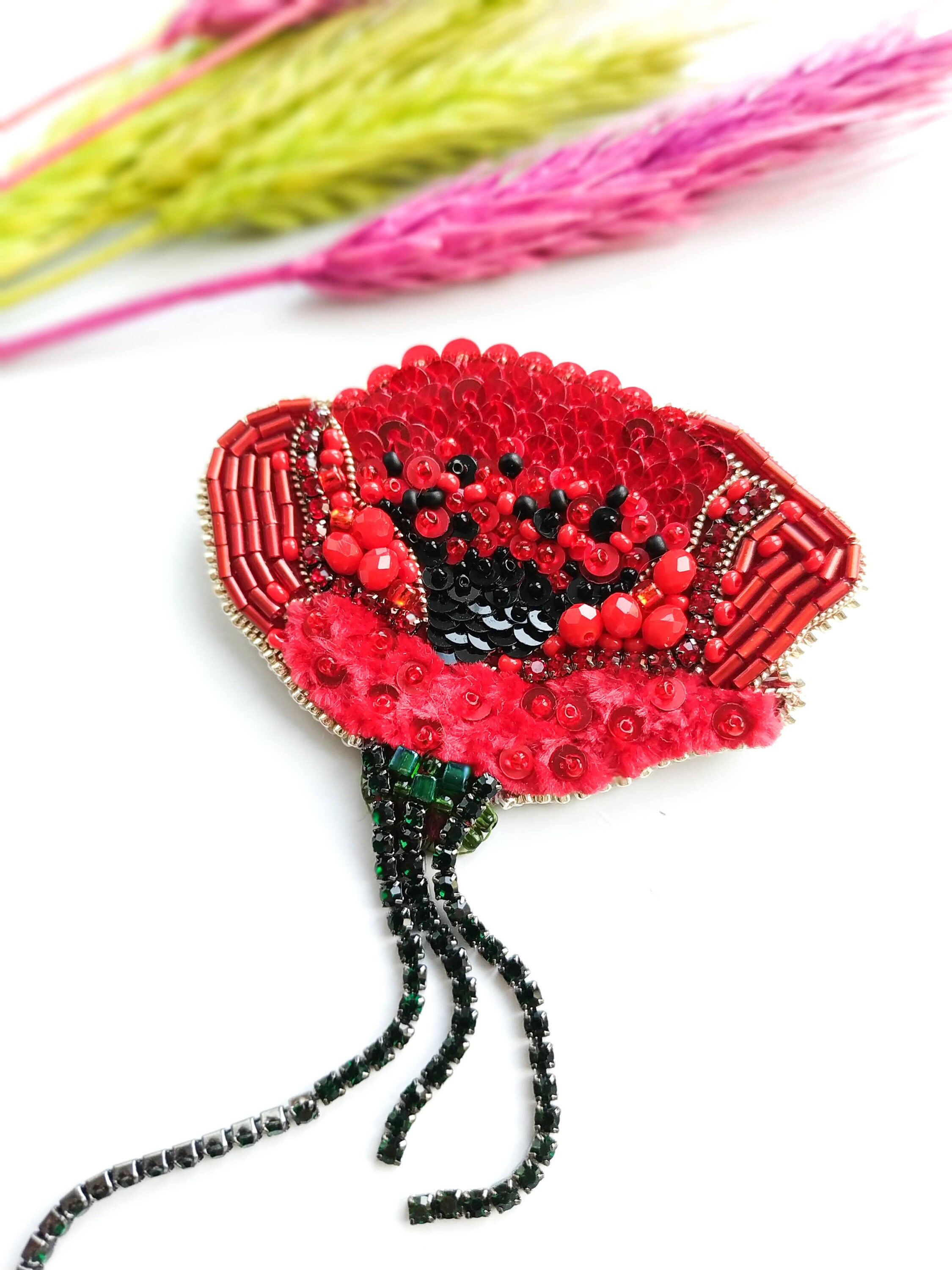 Handmade Knitted Red Poppy Brooch Pin - Unique UK Gift - Free Postage