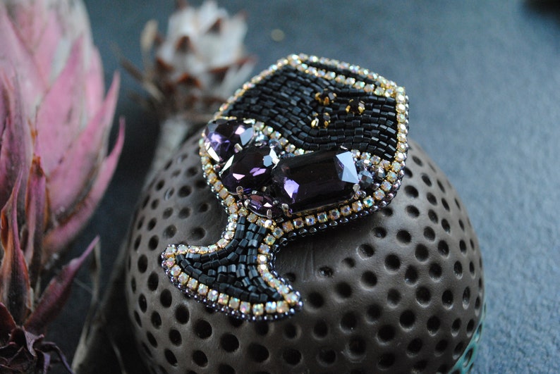 Beaded glass brooch wine lover gift purple wine pin glass jewelry handmade brooch embroidered wine glass gift for her rhinestones jewelry image 5