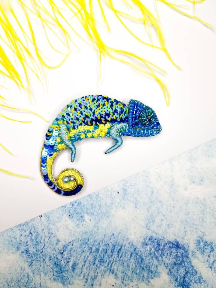 Embroidered chameleon pin beaded brooch lizard sequins jewelry yellow and blue pin Ukrainian flag colors made in Ukraine unique jewelry gift