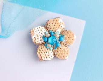 Beaded flower brooch embroidered sequins pin floral lovers gift small handmade brooch made in Ukraine beige flower