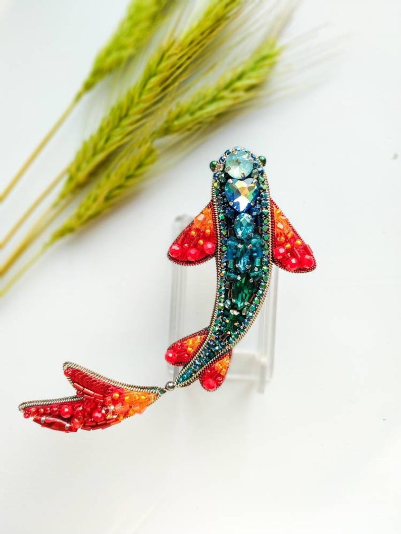 Beaded fish brooch, lapel pin, embroidered jewelry, gift for her, carp jewelry, fish jewelry, crystal brooch, unique gift, pisces Ukraine image 1