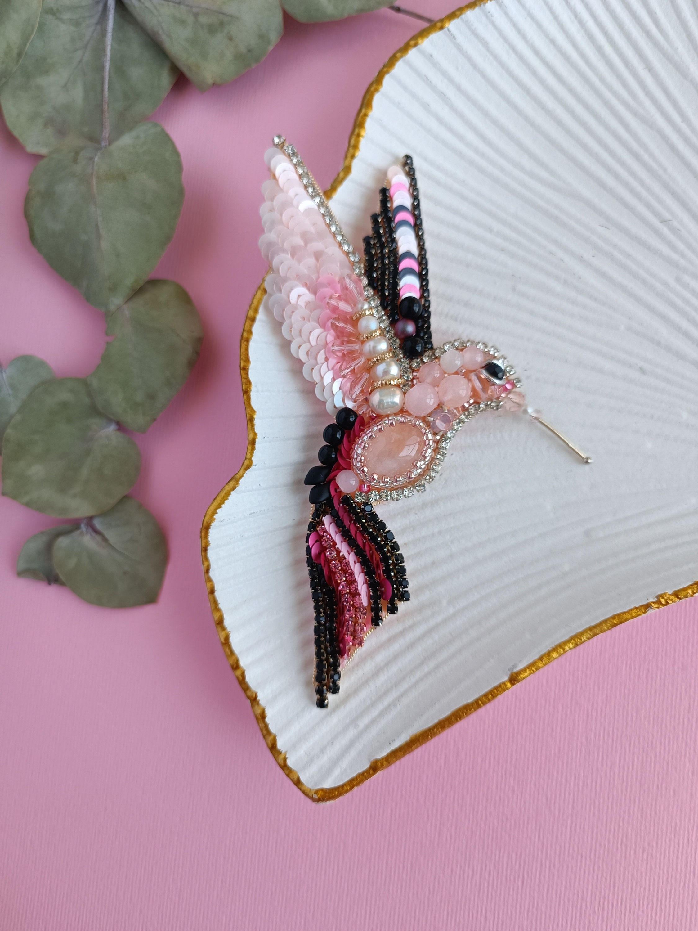Beaded hummingbird brooch bird pin jewelry embroidered lapel pin colibri brooch handmade gift for her bird lover gift summer accessories - Thumbnail 6