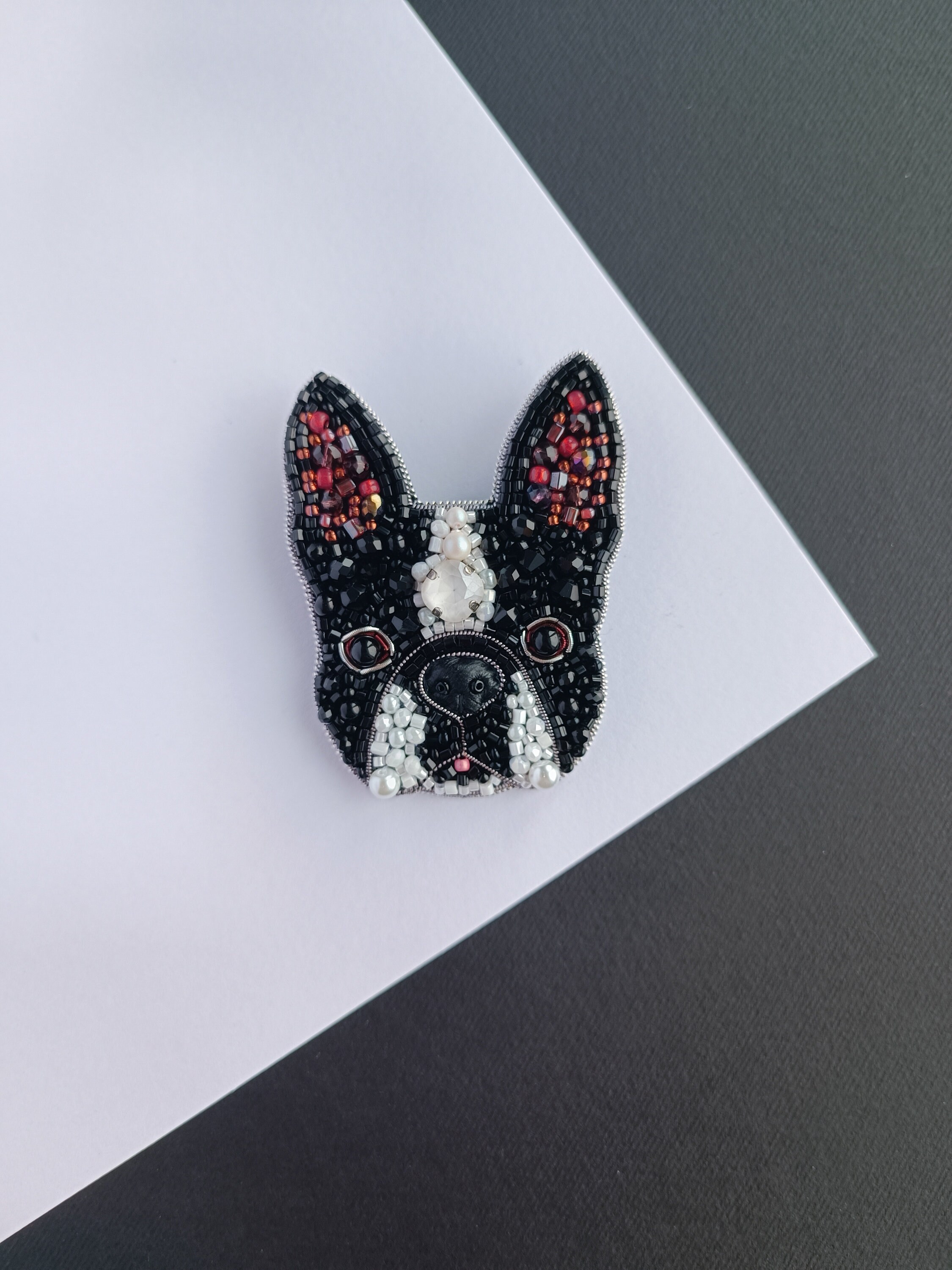 Embroidered french bulldog pin beaded dog brooch dog lover gift unique jewelry handmade in Ukraine - Thumbnail 7
