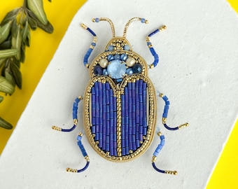 Blue Beetle Brooch, Handmade Beaded Insect Pin, Embroidered Bug Jewelry, Statement Beetle Brooch, Crystal Beetle Pin, Gift for Her