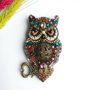 Beaded owl brooch embroidered bird jewelry handmade pin owl lover gift owl embroidered gift for her unique animal pin image 1