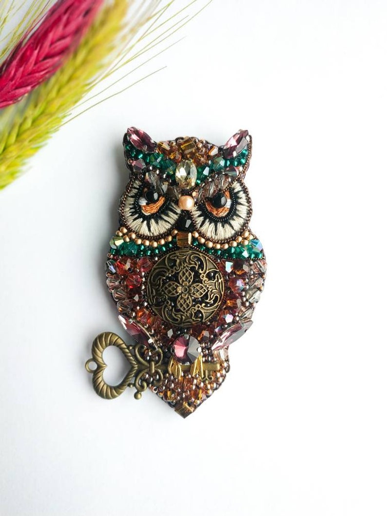 Beaded owl brooch embroidered bird jewelry handmade pin owl lover gift owl embroidered gift for her unique animal pin image 1