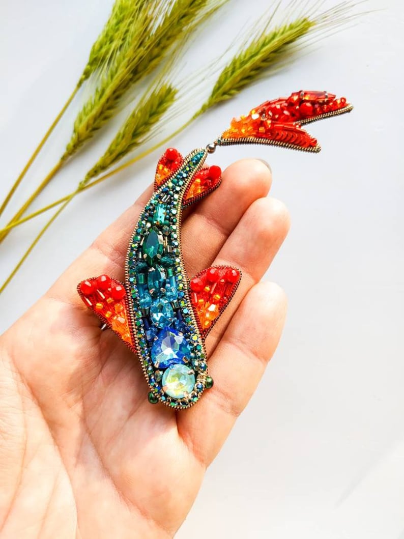 Beaded fish brooch, lapel pin, embroidered jewelry, gift for her, carp jewelry, fish jewelry, crystal brooch, unique gift, pisces Ukraine image 8