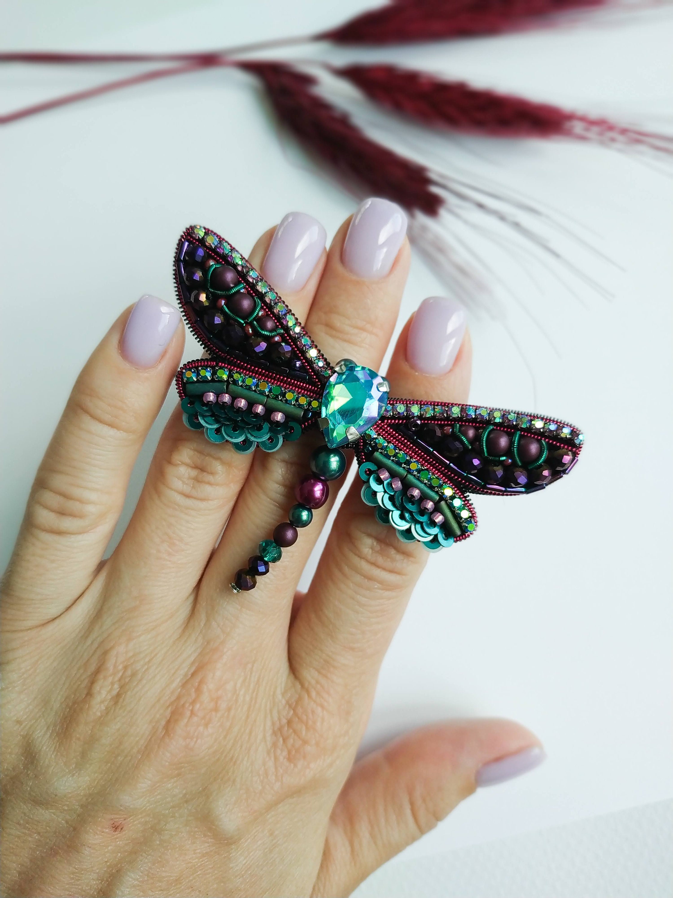 Embroidered dragonfly brooch beaded pin insect handmade jewelry unique Christmas gift for her butterfly lover jewelry handmade dragonfly pin - Thumbnail 7