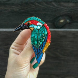 Bird brooch embroidered with beads and cotton threads bird pin kingfisher jewelry handmade Christmas gift for her bird with seed beads image 5