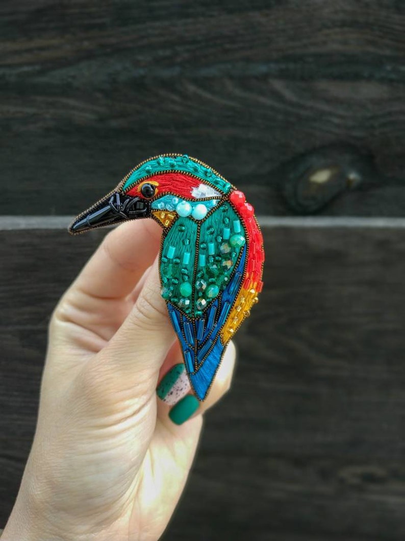 Bird brooch embroidered with beads and cotton threads bird pin kingfisher jewelry handmade Christmas gift for her bird with seed beads image 5