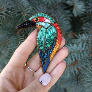 Bird brooch embroidered with beads and cotton threads bird pin kingfisher jewelry handmade Christmas gift for her bird with seed beads image 4