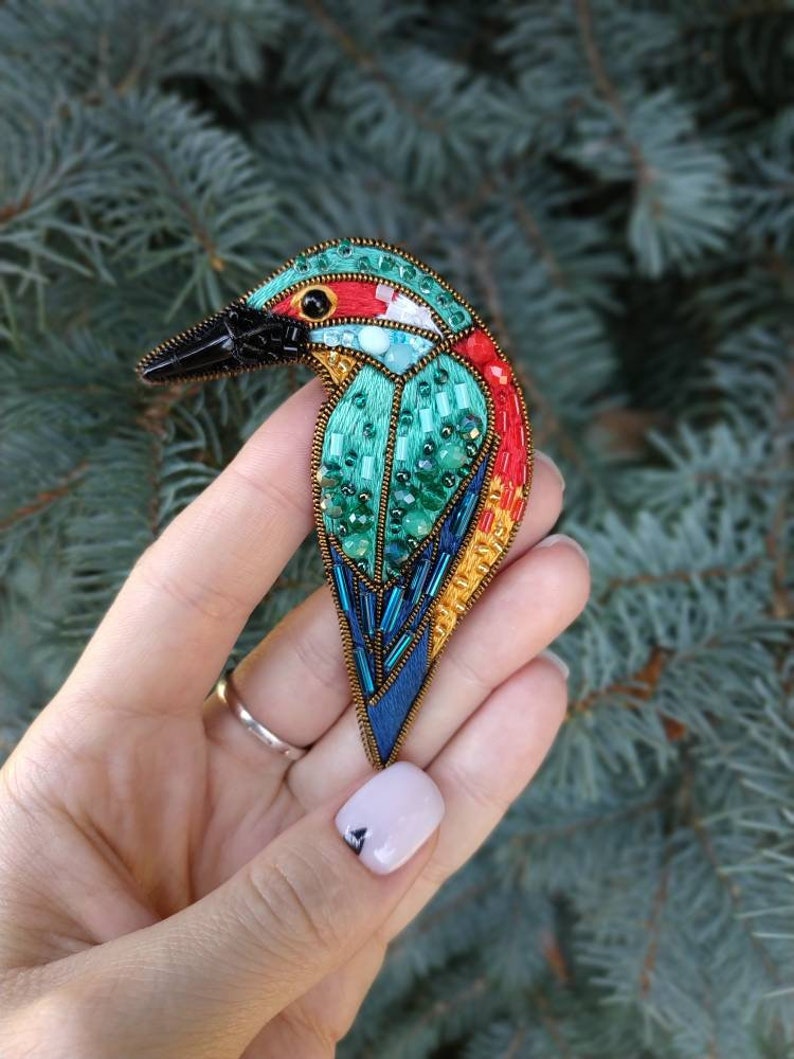 Bird brooch embroidered with beads and cotton threads bird pin kingfisher jewelry handmade Christmas gift for her bird with seed beads image 4