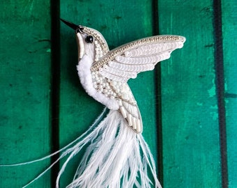 Embroidered hummingbird brooch white bird pin handmade jewelry beaded pin made in Ukraine wedding jewelry ukrainian shop wedding pin