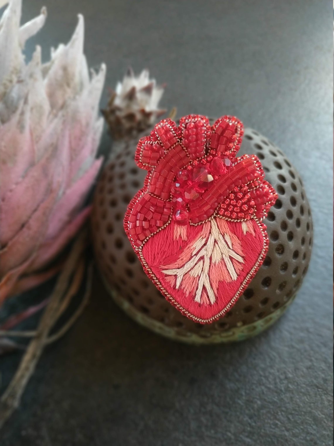 Embroidered Anatomical Heart Pin Beaded Brooch Cardiologist Etsy