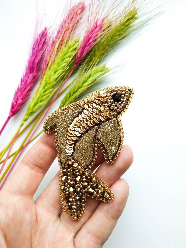 Beaded golden fish brooch embroidered fish pin pisces horoscope sign jewelry handmade Christmas gift for her sequins fish brooch with beads - Thumbnail 6