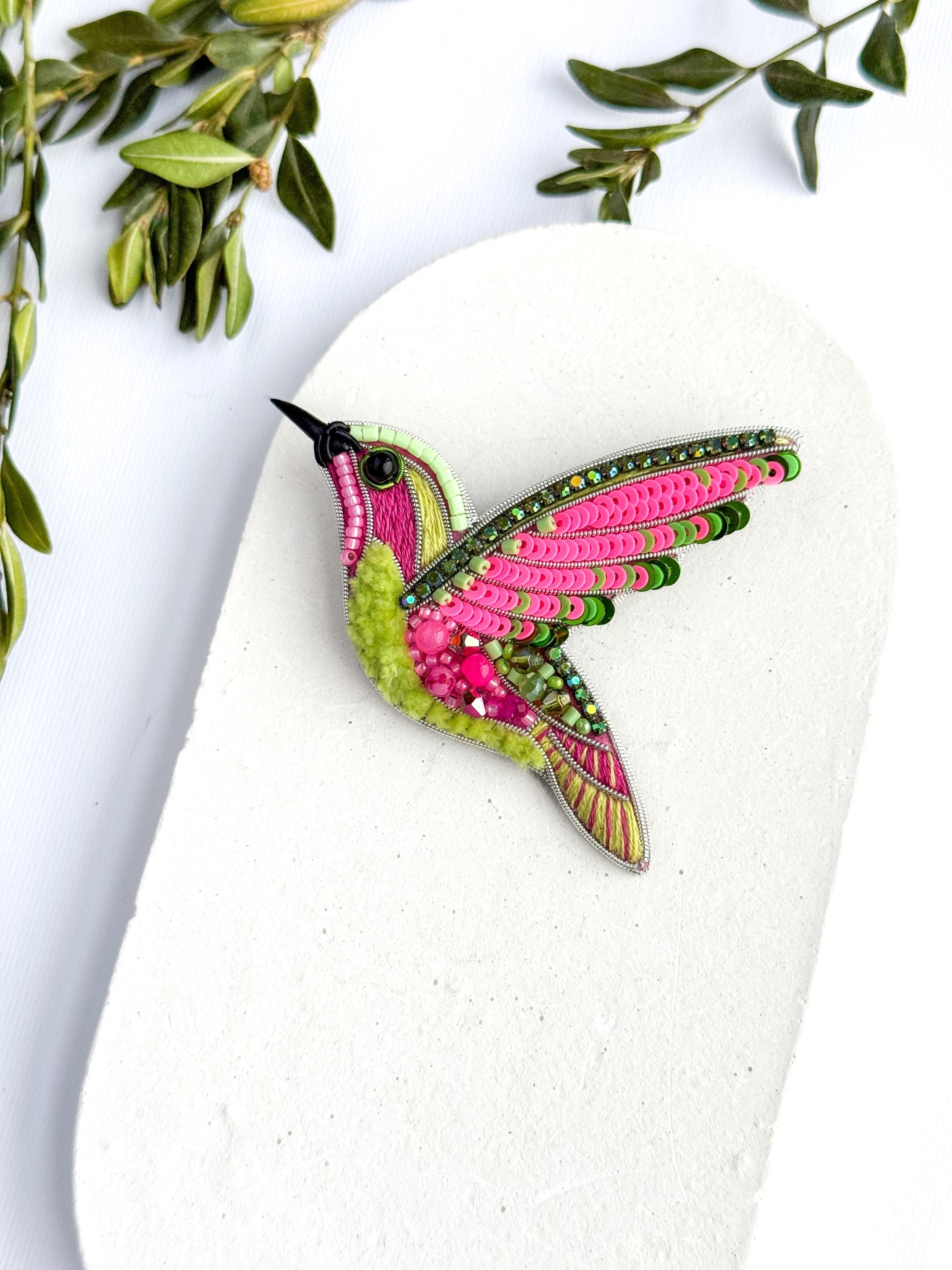 Beaded hummingbird brooch pin embroidered gift for her bird lover jewelry handmade unique gift pink and light green