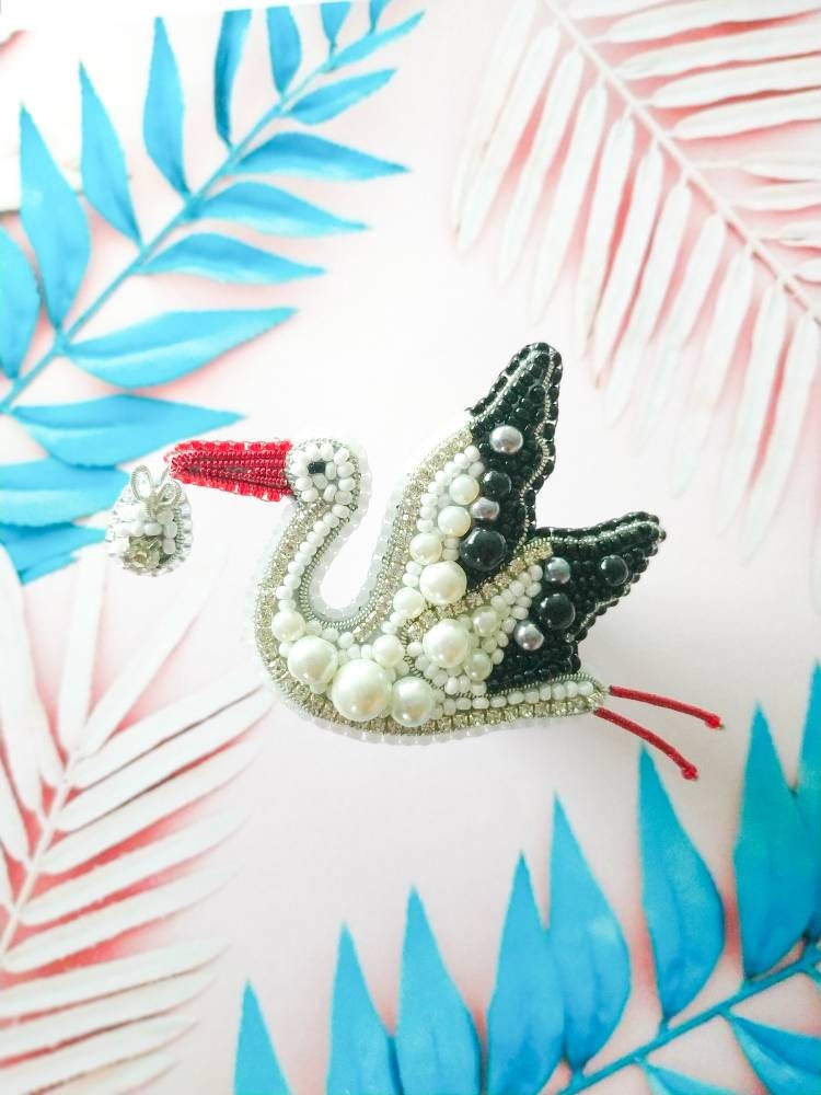 Beaded stork brooch embroidered white bird pin stork jewelry handmade pin unique gift stork lover jewelry gift for her - Thumbnail 6