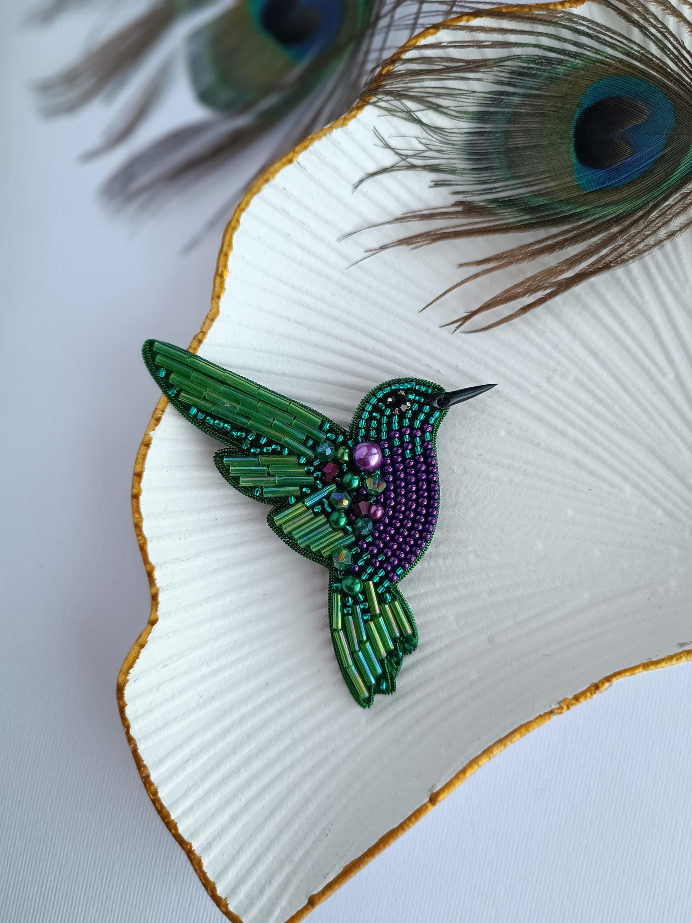 Beaded hummingbird brooch pin embroidered gift for her bird lover jewelry brooch handmade unique gift green and pirple bird colibri pin - Thumbnail 6