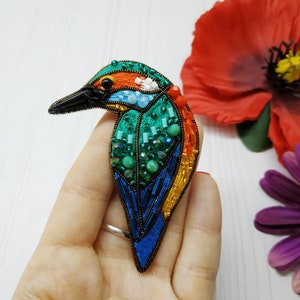 Bird brooch embroidered with beads and cotton threads bird pin kingfisher jewelry handmade Christmas gift for her bird with seed beads image 1