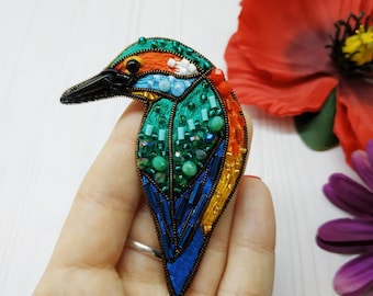 Bird brooch embroidered with beads and cotton threads bird pin kingfisher jewelry handmade Christmas gift for her bird with seed beads