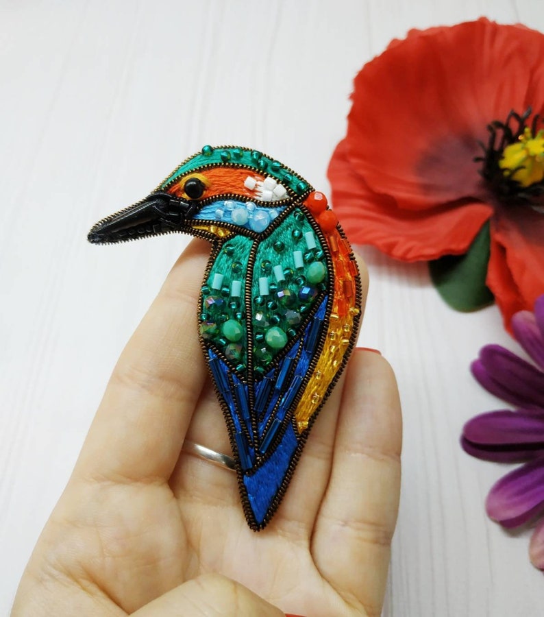 Bird brooch embroidered with beads and cotton threads bird pin kingfisher jewelry handmade Christmas gift for her bird with seed beads image 1