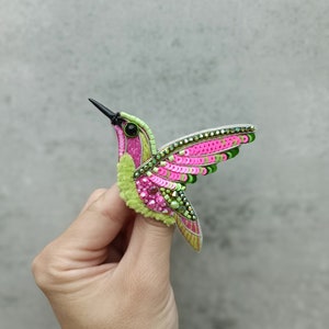 Beaded hummingbird brooch pin embroidered gift for her bird lover jewelry handmade unique gift pink and light green