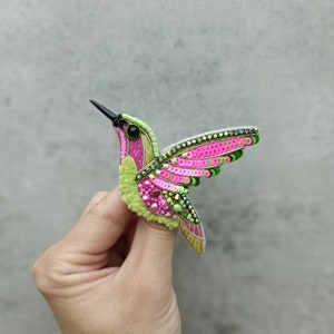 Beaded hummingbird brooch pin embroidered gift for her bird lover jewelry handmade unique gift pink and light green image 1