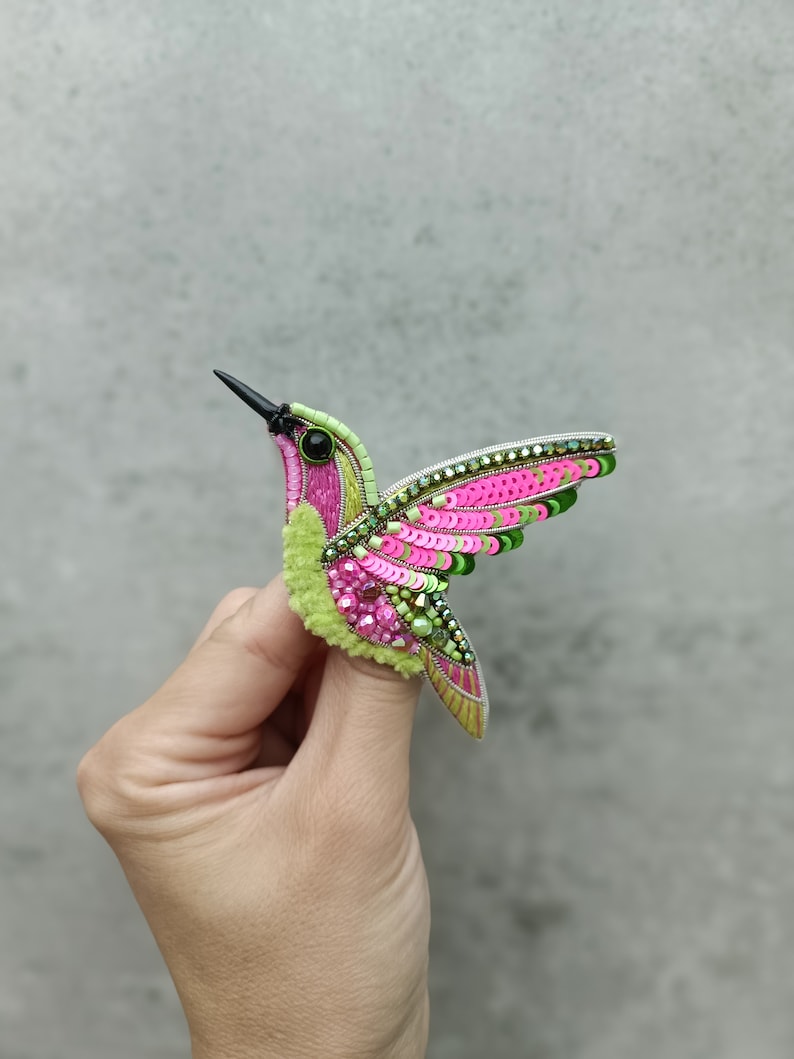 Beaded hummingbird brooch pin embroidered gift for her bird lover jewelry handmade unique gift pink and light green image 1