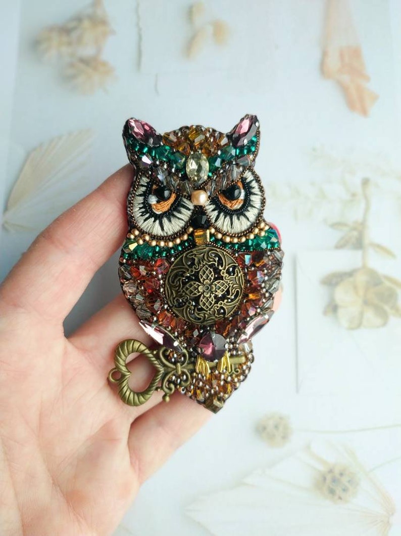 Beaded owl brooch embroidered bird jewelry handmade pin owl lover gift owl embroidered gift for her unique animal pin image 2