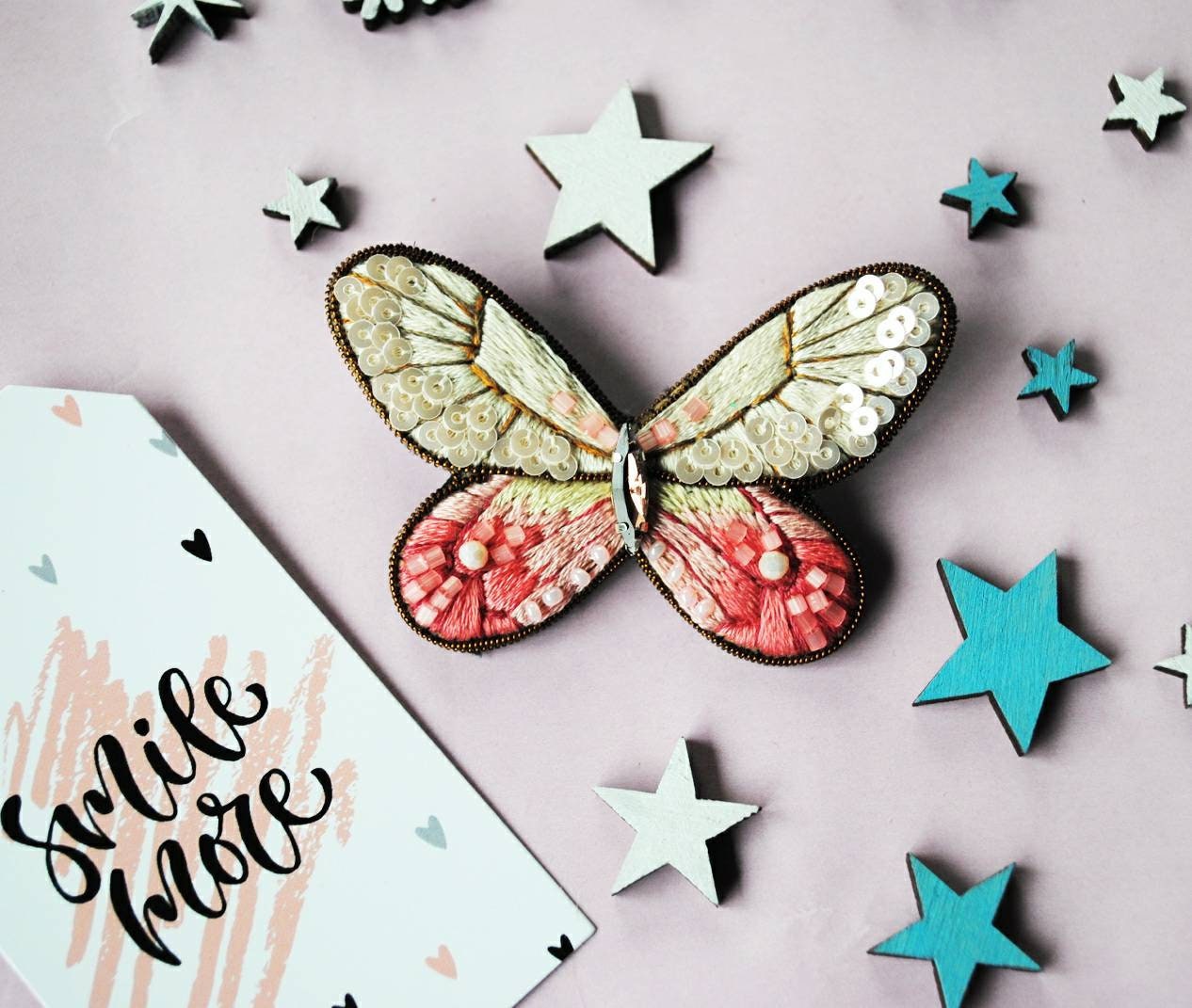Embroidered butterfly brooch beaded pin moth seed beads jewelry pink handmade brooch with sequins gift for her - Thumbnail 5