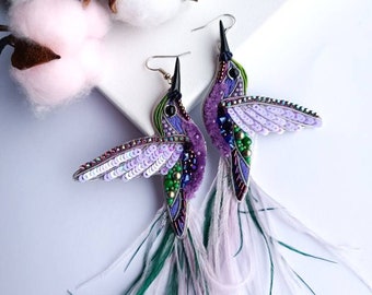 Embroidered hummingbird earrings beaded bird jewelry handmade earrings with feather unique jewelry made in Ukraine
