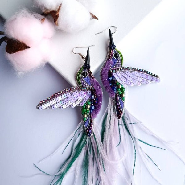 Embroidered hummingbird earrings beaded bird jewelry handmade earrings with feather unique jewelry made in Ukraine