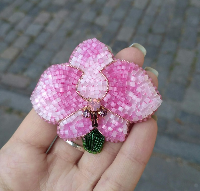 Beaded orchid flower brooch seed beads pin beaded floral jewelry pink flower brooch embroidered orchid jewelry best gift for her