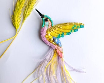 Embroidered hummingbird pin brooch rainbow bird brooch made in ukraine bird lover gift for her ukrainian shop beaded brooch