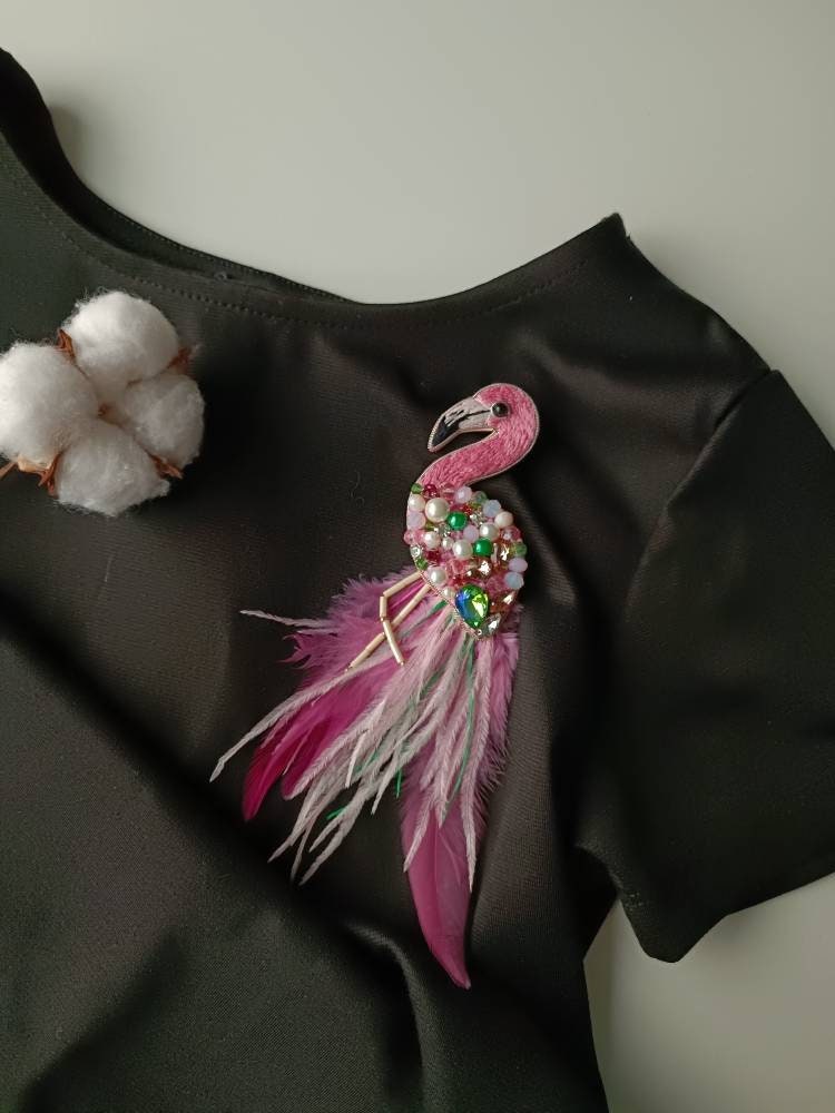 Beaded flamingo brooch embroidered pink bird pin ostrich feather jewelry crystals and beads brooch handmade unique Christmas gift for her - Thumbnail 6