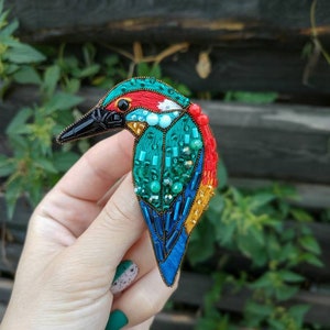 Bird brooch embroidered with beads and cotton threads bird pin kingfisher jewelry handmade Christmas gift for her bird with seed beads image 3