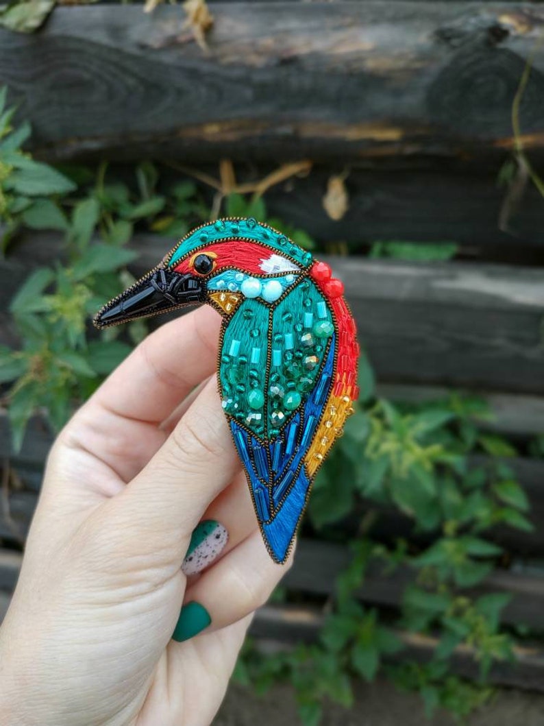 Bird brooch embroidered with beads and cotton threads bird pin kingfisher jewelry handmade Christmas gift for her bird with seed beads image 3